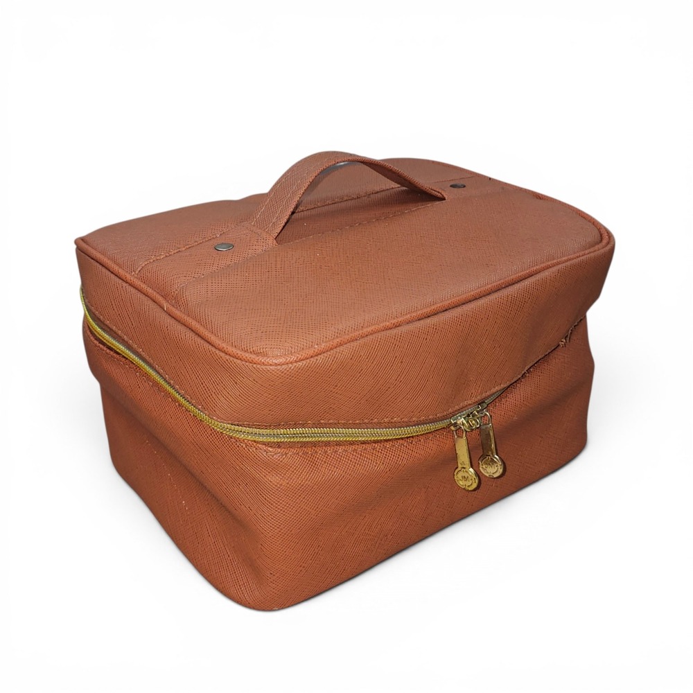 Joy Mangano Vanity Case Women 11x8 Tan Good Removable Tray Mirror Travel Bag